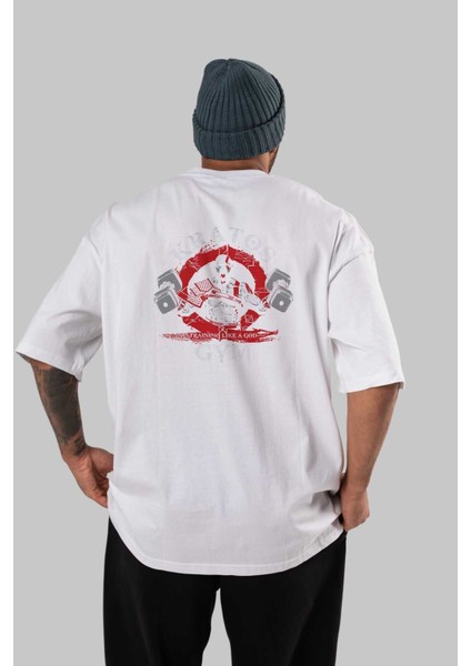 Kratos Gym Arka Baskılı Beyaz Oversize T-Shirt Bisiklet Yaka Pamuk Erkek Kadın