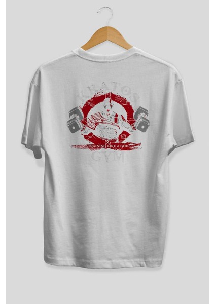 Kratos Gym Arka Baskılı Beyaz Oversize T-Shirt Bisiklet Yaka Pamuk Erkek Kadın fiyatları