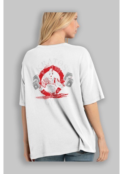 Kratos Gym Arka Baskılı Beyaz Oversize T-Shirt Bisiklet Yaka Pamuk Erkek Kadın modelleri