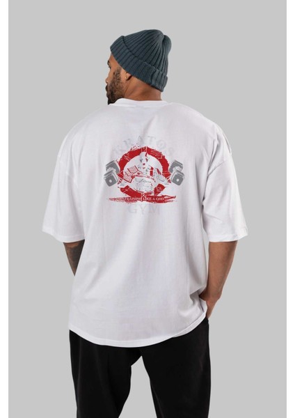 Kratos Gym Arka Baskılı Beyaz Oversize T-Shirt Bisiklet Yaka Pamuk Erkek Kadın fırsatları