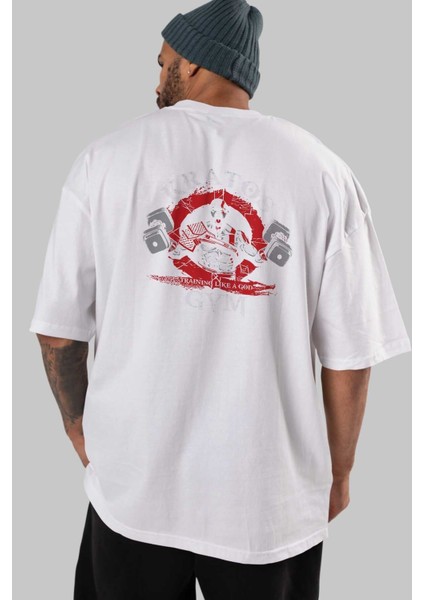 Kratos Gym Arka Baskılı Beyaz Oversize T-Shirt Bisiklet Yaka Pamuk Erkek Kadın indirimleri