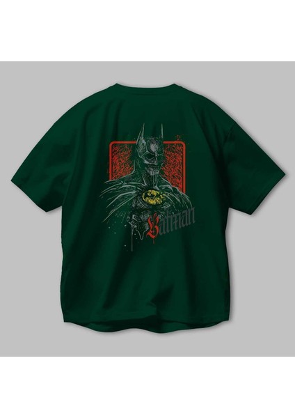 Batman (12) Arka Baskılı Zümrüt Yeşili Oversize T-Shirt Bisiklet Yaka Erkek Kadın modelleri
