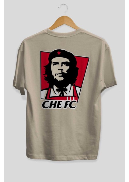 Che Fc Arka Baskılı Bej Oversize T-Shirt Bisiklet Yaka Pamuk Erkek Kadın fiyatları