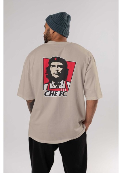 Che Fc Arka Baskılı Bej Oversize T-Shirt Bisiklet Yaka Pamuk Erkek Kadın fırsatları