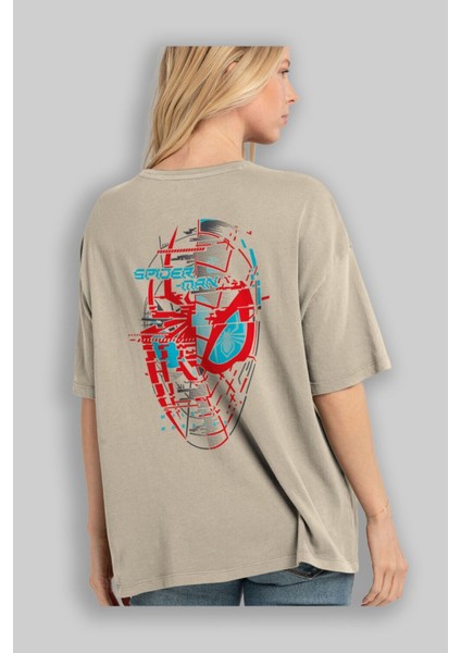 Spiderman (21) Arka Baskılı Bej Oversize T-Shirt Bisiklet Yaka Pamuk Erkek Kadın modelleri
