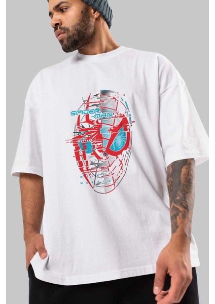 Spiderman (14) Ön Baskılı Beyaz Oversize T-Shirt Bisiklet Yaka Erkek Kadın modelleri