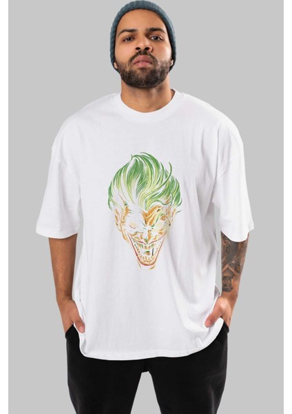 Joker (3) Ön Baskılı Beyaz Oversize T-Shirt Bisiklet Yaka Erkek Kadın