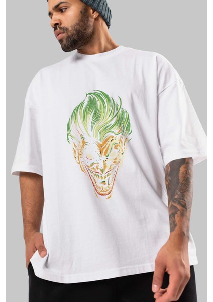 Joker (3) Ön Baskılı Beyaz Oversize T-Shirt Bisiklet Yaka Erkek Kadın modelleri