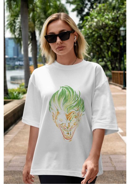 Joker (3) Ön Baskılı Beyaz Oversize T-Shirt Bisiklet Yaka Erkek Kadın indirimleri