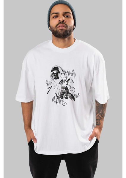 Joker 2 Ön Baskılı Beyaz Oversize T-Shirt Bisiklet Yaka Erkek Kadın