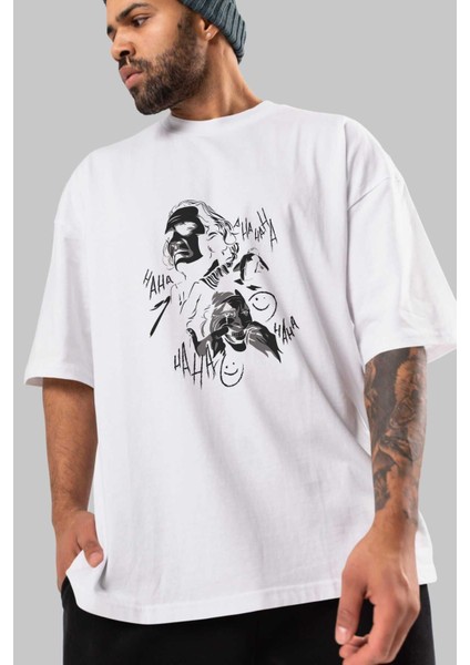 Joker 2 Ön Baskılı Beyaz Oversize T-Shirt Bisiklet Yaka Erkek Kadın modelleri