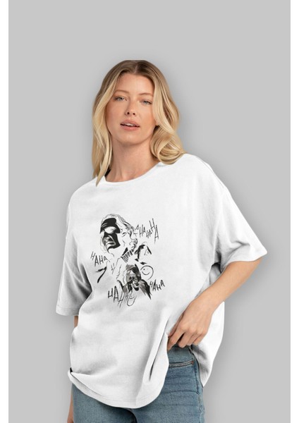 Joker 2 Ön Baskılı Beyaz Oversize T-Shirt Bisiklet Yaka Erkek Kadın fırsatları