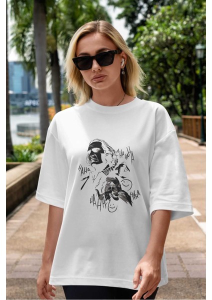 Joker 2 Ön Baskılı Beyaz Oversize T-Shirt Bisiklet Yaka Erkek Kadın indirimleri