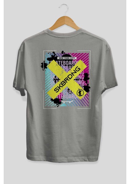 Skatebording Arka Baskılı Gri Oversize T-Shirt Unisex Erkek Kadın Bisiklet Yaka fiyatları