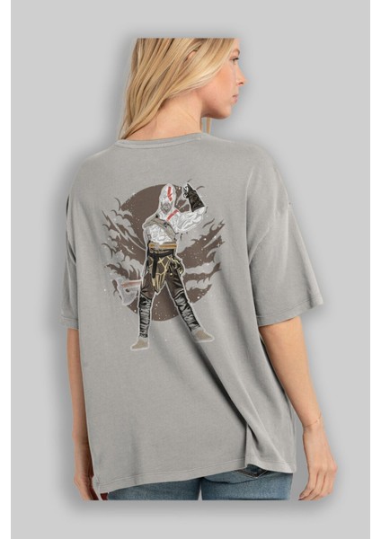 God Of War Arka Baskılı Gri Oversize T-Shirt Unisex Erkek Kadın Bisiklet Yaka modelleri