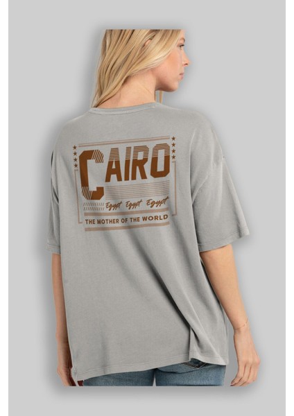 Cairo Arka Baskılı Gri Oversize T-Shirt Unisex Erkek Kadın Bisiklet Yaka modelleri