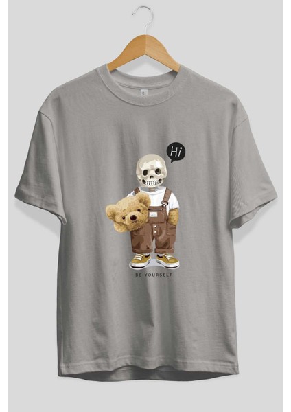 Teddy Bear Hi Ön Baskılı Gri Oversize T-Shirt Unisex Erkek Kadın Bisiklet Yaka fiyatları