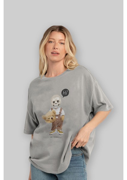Teddy Bear Hi Ön Baskılı Gri Oversize T-Shirt Unisex Erkek Kadın Bisiklet Yaka fırsatları