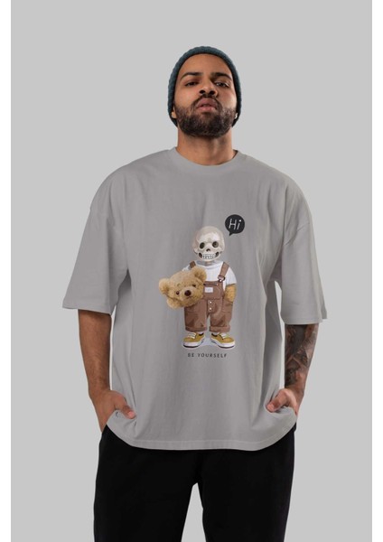 Teddy Bear Hi Ön Baskılı Gri Oversize T-Shirt Unisex Erkek Kadın Bisiklet Yaka indirimleri