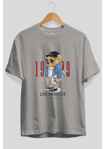 Teddy Bear Los Angeles Ön Baskılı Gri Oversize T-Shirt Unisex Erkek Kadın Bisiklet Yaka fiyatları