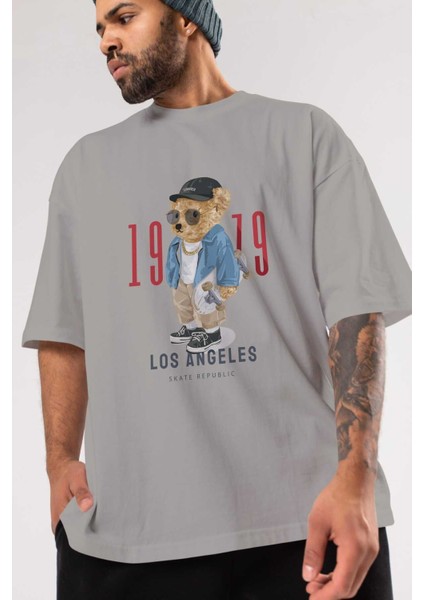 Teddy Bear Los Angeles Ön Baskılı Gri Oversize T-Shirt Unisex Erkek Kadın Bisiklet Yaka modelleri