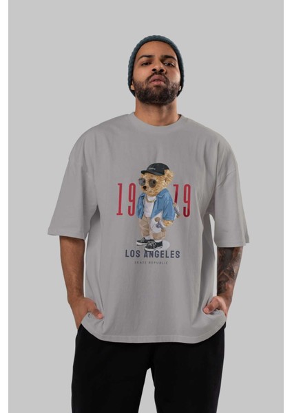 Teddy Bear Los Angeles Ön Baskılı Gri Oversize T-Shirt Unisex Erkek Kadın Bisiklet Yaka indirimleri