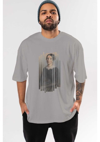 Retro Portre Ön Baskılı Gri Oversize T-Shirt Unisex Erkek Kadın Bisiklet Yaka
