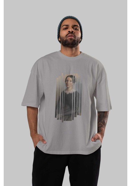 Retro Portre Ön Baskılı Gri Oversize T-Shirt Unisex Erkek Kadın Bisiklet Yaka indirimleri