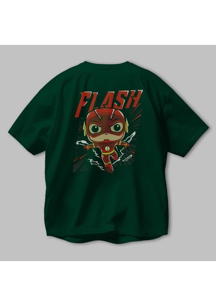 Flash Avengers (4) Arka Baskılı Zümrüt Yeşili Oversize T-Shirt Bisiklet Yaka Erkek Kadın modelleri