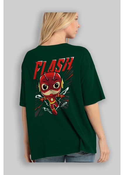 Flash Avengers (4) Arka Baskılı Zümrüt Yeşili Oversize T-Shirt Bisiklet Yaka Erkek Kadın fırsatları