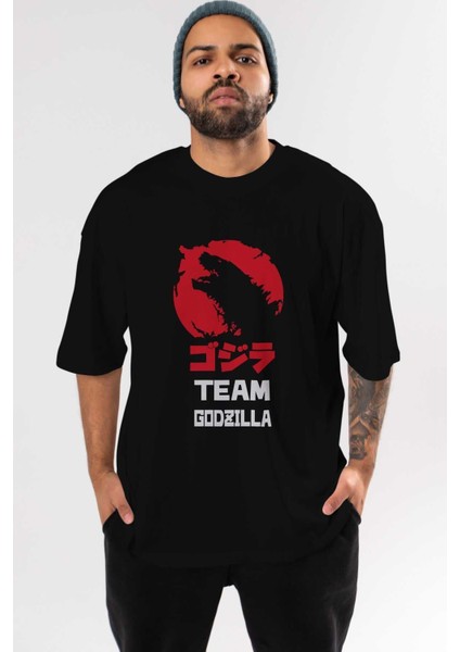 Team Godzilla Ön Baskılı Siyah Oversize T-Shirt Bisiklet Yaka Erkek Kadın