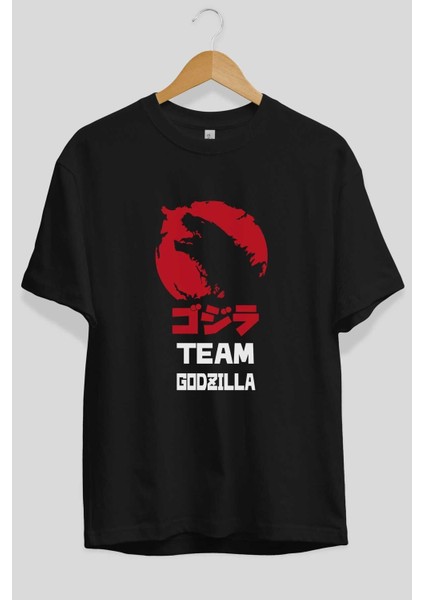 Team Godzilla Ön Baskılı Siyah Oversize T-Shirt Bisiklet Yaka Erkek Kadın fiyatları