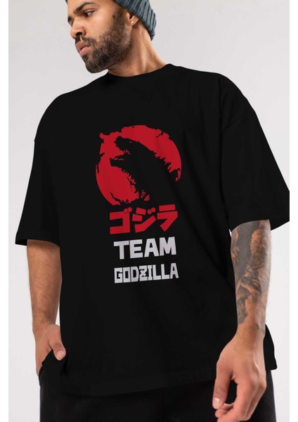 Team Godzilla Ön Baskılı Siyah Oversize T-Shirt Bisiklet Yaka Erkek Kadın modelleri