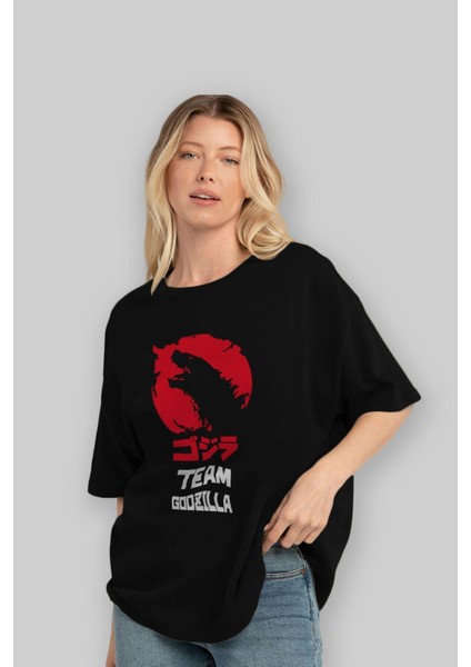 Team Godzilla Ön Baskılı Siyah Oversize T-Shirt Bisiklet Yaka Erkek Kadın fırsatları