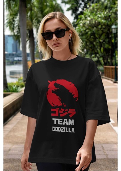 Team Godzilla Ön Baskılı Siyah Oversize T-Shirt Bisiklet Yaka Erkek Kadın indirimleri