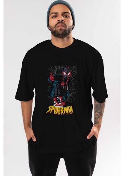 Spiderman (25) Ön Baskılı Siyah Oversize T-Shirt Bisiklet Yaka Erkek Kadın