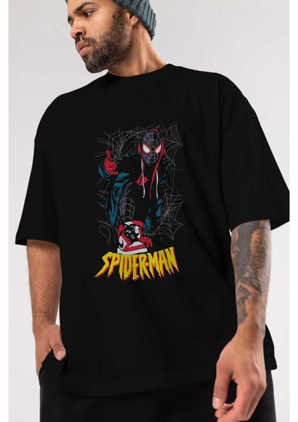 Spiderman (25) Ön Baskılı Siyah Oversize T-Shirt Bisiklet Yaka Erkek Kadın modelleri