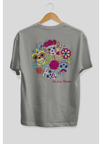 Dia De Los Muertos Arka Baskılı Gri Oversize T-Shirt Unisex Erkek Kadın Bisiklet Yaka fiyatları