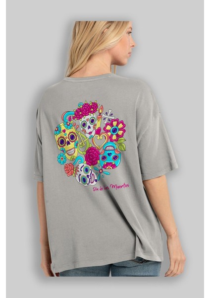 Dia De Los Muertos Arka Baskılı Gri Oversize T-Shirt Unisex Erkek Kadın Bisiklet Yaka modelleri