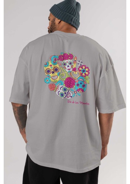 Dia De Los Muertos Arka Baskılı Gri Oversize T-Shirt Unisex Erkek Kadın Bisiklet Yaka indirimleri