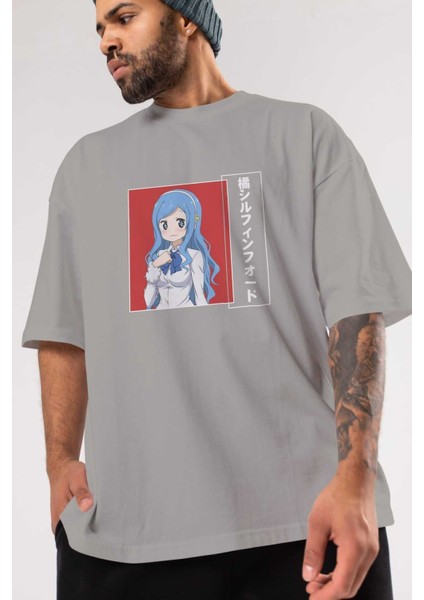 Sylphinford Tachibana 1 Anime Ön Baskılı Gri Oversize T-Shirt %100 Pamuk Erkek Kadın modelleri