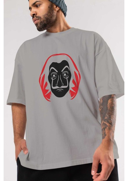 La Casa De Papel (8) Ön Baskılı Gri Oversize T-Shirt Bisiklet Yaka Pamuk Erkek Kadın modelleri
