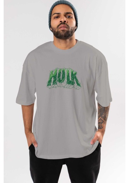 Hulk (14) Ön Baskılı Gri Oversize T-Shirt Bisiklet Yaka Pamuk Erkek Kadın