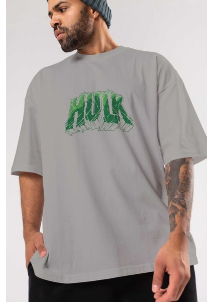 Hulk (14) Ön Baskılı Gri Oversize T-Shirt Bisiklet Yaka Pamuk Erkek Kadın modelleri