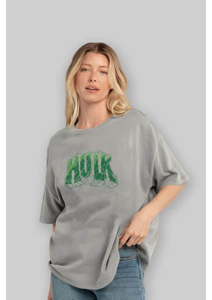 Hulk (14) Ön Baskılı Gri Oversize T-Shirt Bisiklet Yaka Pamuk Erkek Kadın fırsatları