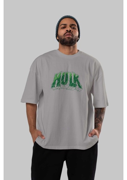 Hulk (14) Ön Baskılı Gri Oversize T-Shirt Bisiklet Yaka Pamuk Erkek Kadın indirimleri