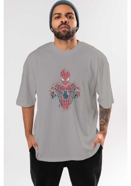 Spiderman (9) Ön Baskılı Gri Oversize T-Shirt Bisiklet Yaka Pamuk Erkek Kadın