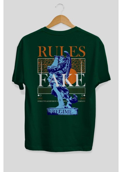 Rules Fake Arka Baskılı Zümrüt Yeşili Oversize T-Shirt Erkek Kadın Bisiklet Yaka fiyatları