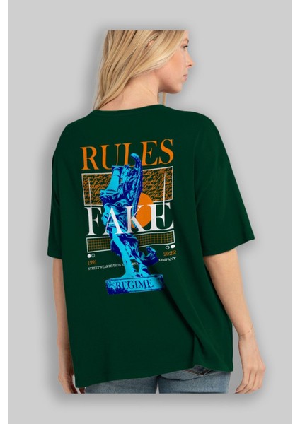 Rules Fake Arka Baskılı Zümrüt Yeşili Oversize T-Shirt Erkek Kadın Bisiklet Yaka fırsatları
