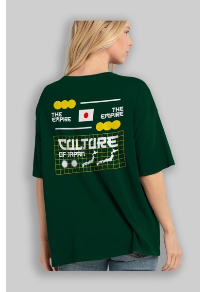 The Empire Culture Japan Arka Baskılı Zümrüt Yeşili Oversize T-Shirt Erkek Kadın Bisiklet Yaka fırsatları